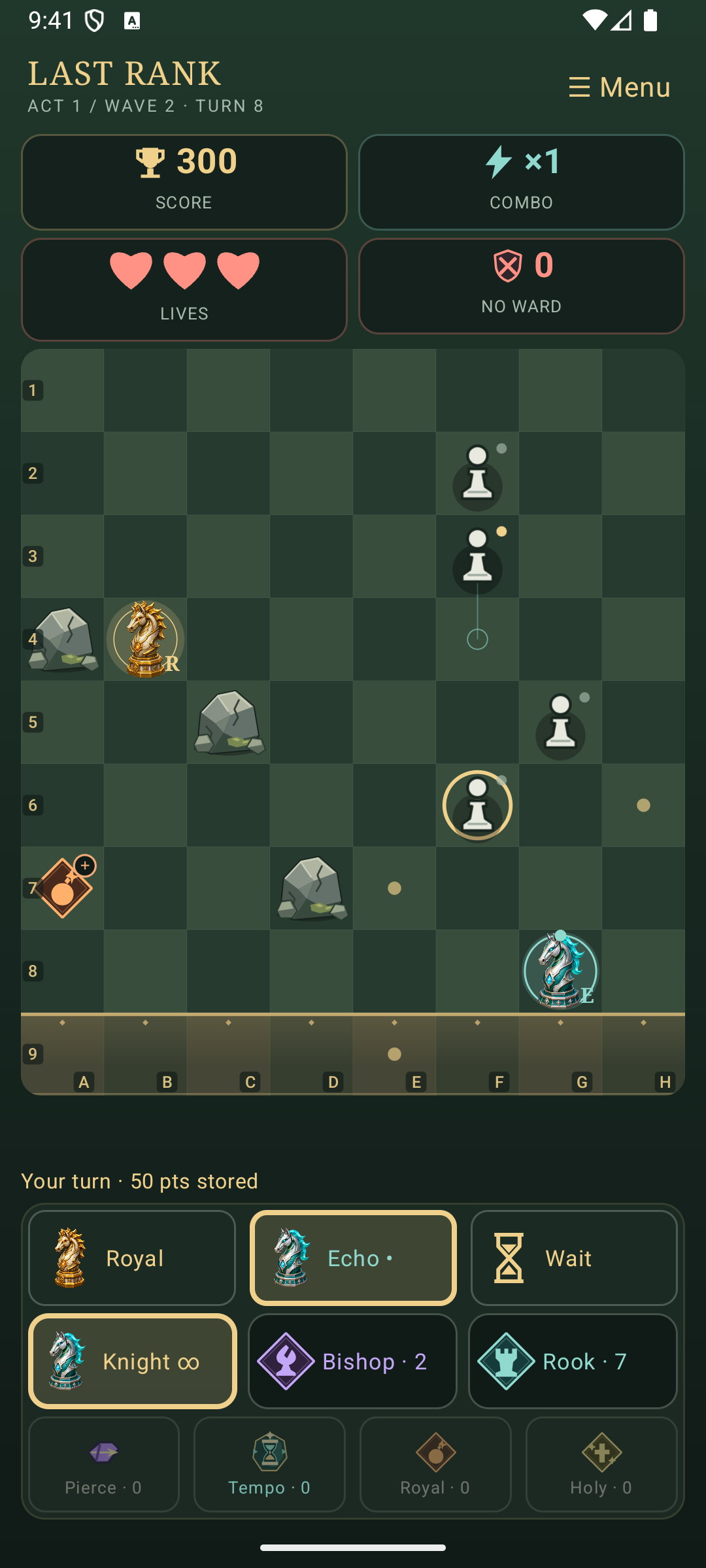 Écran d’accueil jouable de Last Rank avec plateau, score, vies et actions